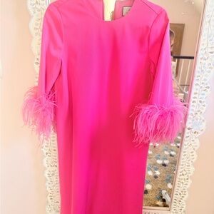 Tuckernuck Bright Pink Shift Dress with Feather Cuff Detail